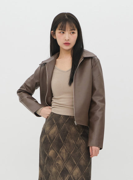 Faux Leather Jacket with Collar C2001