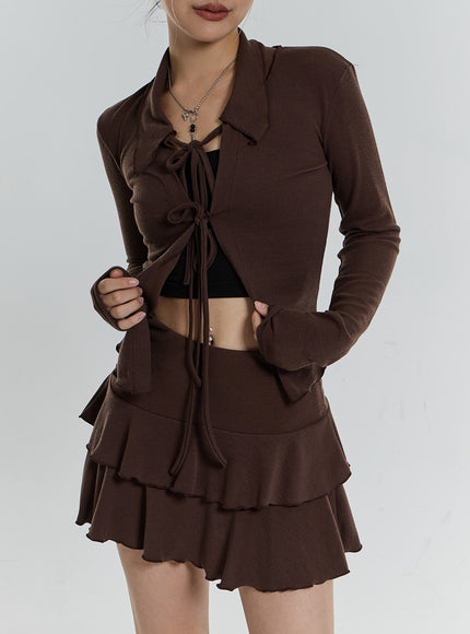 Front Tie Cardigan And Wavy Mini Skirt Set CN24