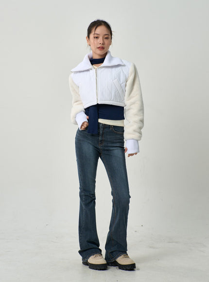 Faux Fur Sleeve Puffer Cropped Zipper Jacket CD19