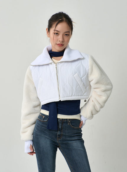 Faux Fur Sleeve Puffer Cropped Zipper Jacket CD19