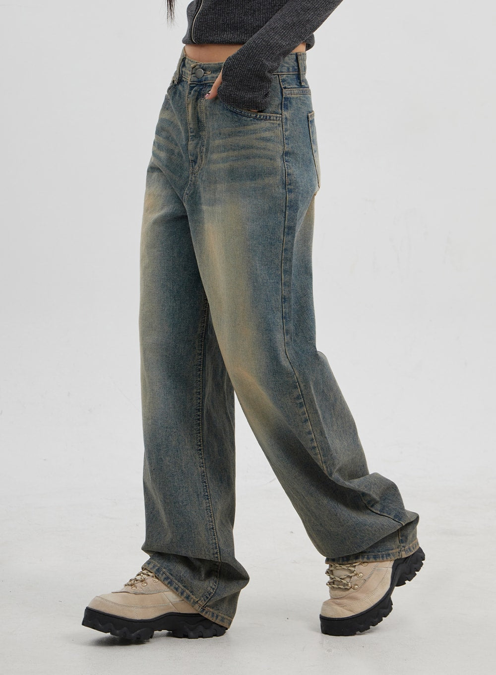 Vintage Wash Seam Front Wide Leg Jean, Denim