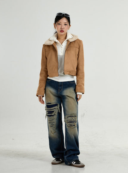 Retro Fur Collar Crop Zipper Jacket CO27