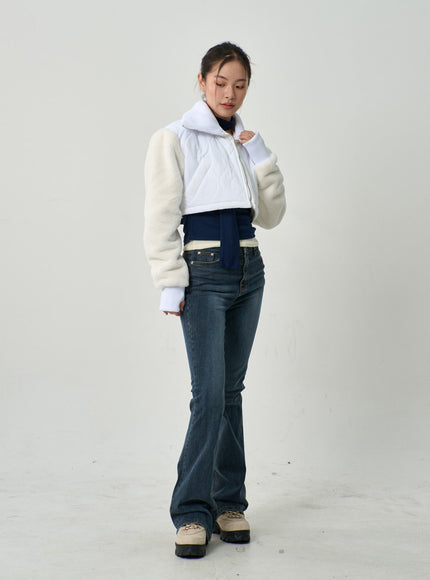Faux Fur Sleeve Puffer Cropped Zipper Jacket CD19