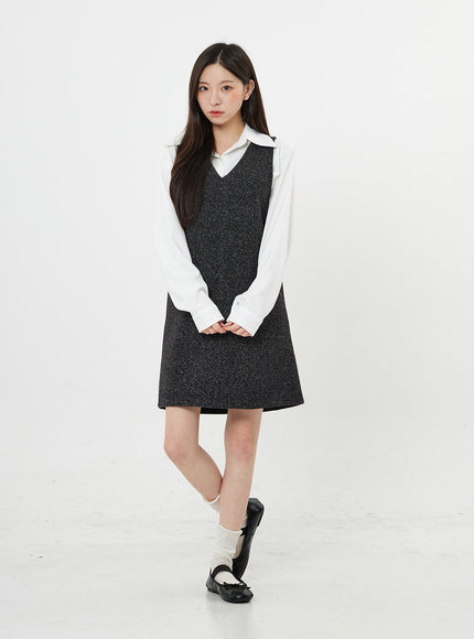 Mixed Color V-Neck Wool Dress BO21