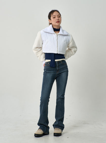 Faux Fur Sleeve Puffer Cropped Zipper Jacket CD19