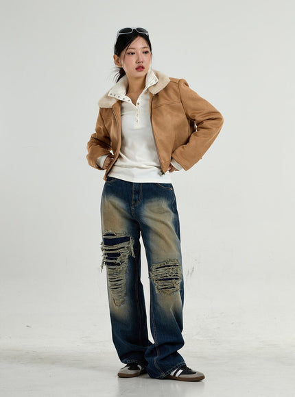 Retro Fur Collar Crop Zipper Jacket CO27