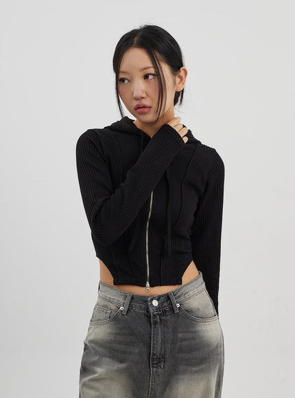 Ribbed Cropped Zip-Up Hoodie CJ330