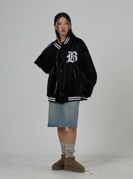 Faux Leather Oversized Graphic Jacket Unisex CD27