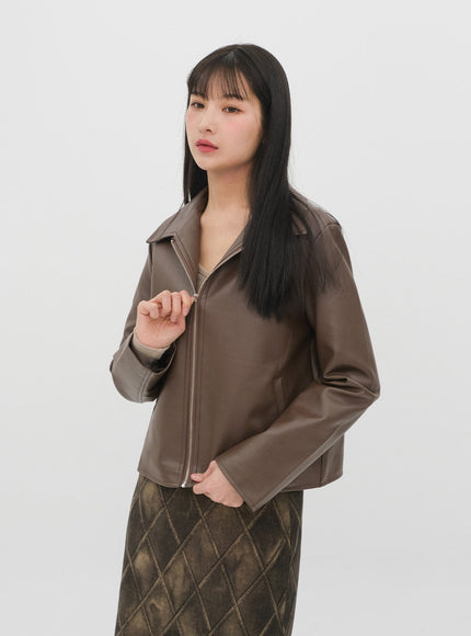 Faux Leather Jacket with Collar C2001