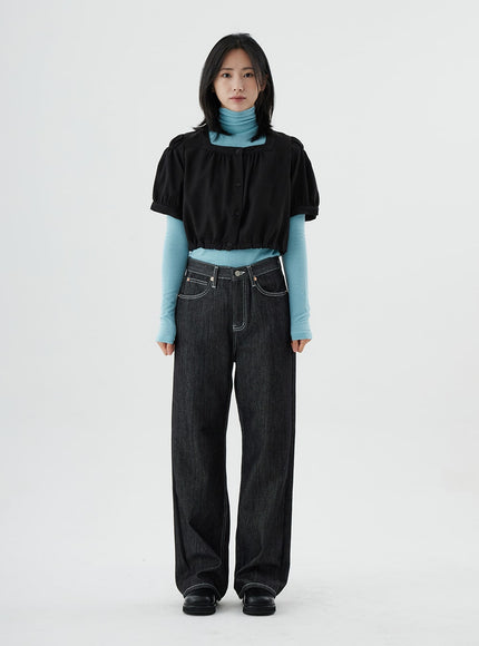 Square Neck Short Puffy Sleeve Crop Blouse ON01