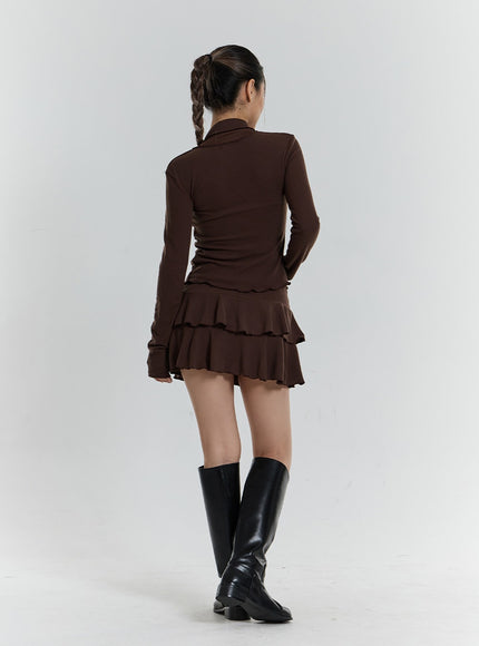 Front Tie Cardigan And Wavy Mini Skirt Set CN24