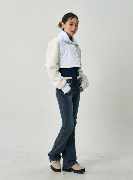Faux Fur Sleeve Puffer Cropped Zipper Jacket CD19