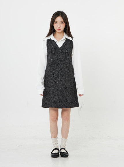 Mixed Color V-Neck Wool Dress BO21