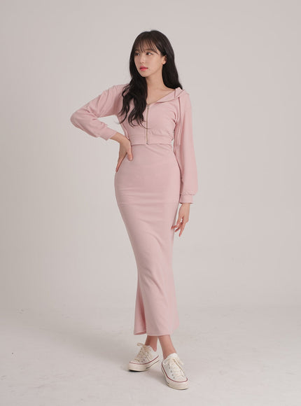 Zip up Hoodie and Sleeveless Maxi Dress Set J31