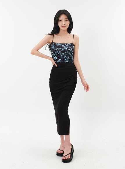 Side Shirred Midi Spandex Skirt IY12