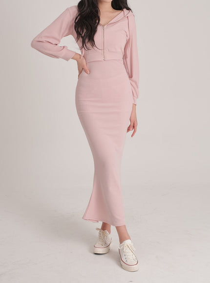Zip up Hoodie and Sleeveless Maxi Dress Set J31
