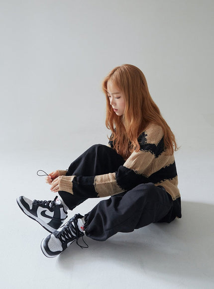 Stripped Distressed Knit Sweater F17