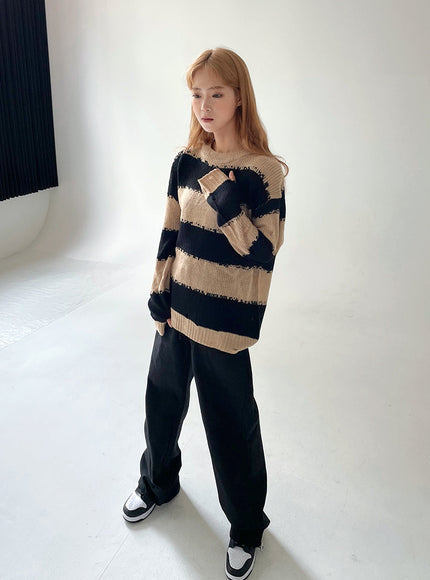 Stripped Distressed Knit Sweater F17