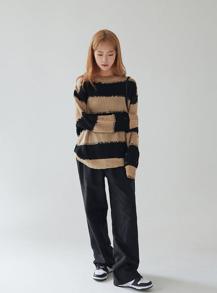 Stripped Distressed Knit Sweater F17