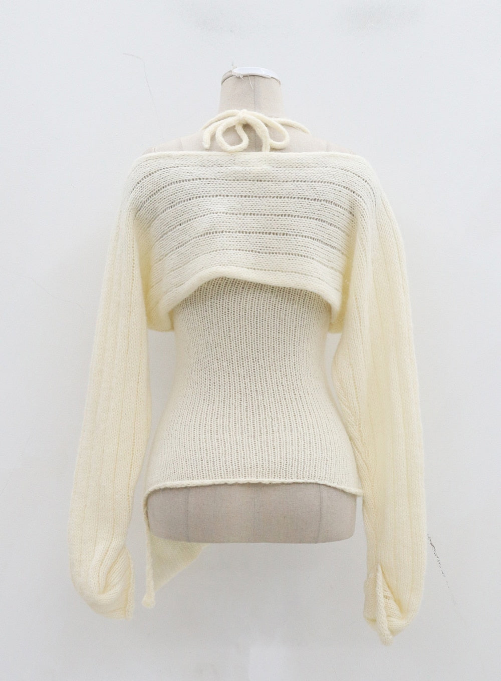 Neck Tie Knit Top And Off-Shoulder Boleto Set BD29