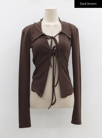 Front Tie Cardigan And Wavy Mini Skirt Set CN24