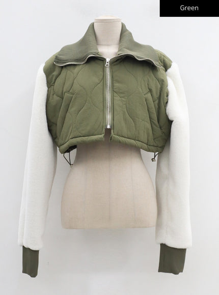 Faux Fur Sleeve Puffer Cropped Zipper Jacket CD19