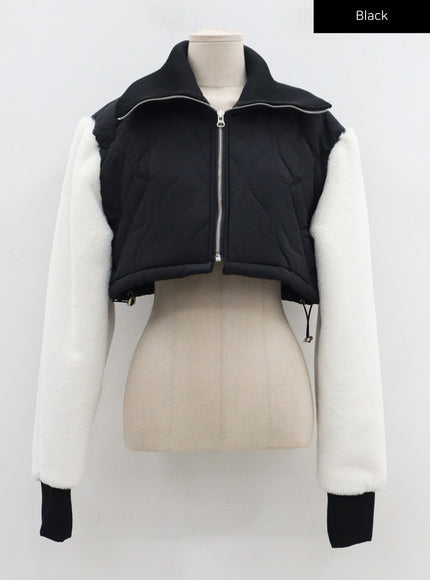 Faux Fur Sleeve Puffer Cropped Zipper Jacket CD19