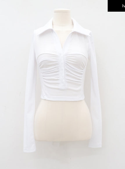 Open Collar Shirring Long-sleeve Top CA01